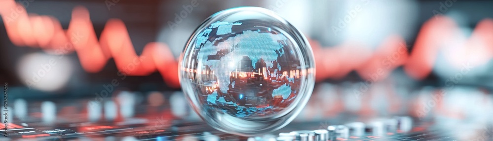 Poster a floating holographic finance sphere visualizes global currency exchange rates and stock trends, sh