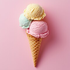 Colorful ice cream cone with three flavors served on a pink background