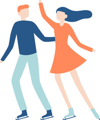 Young couple ice skating together holding hands, the woman is raising one arm and her hair is flowing in the wind, winter leisure activity and relationship concept