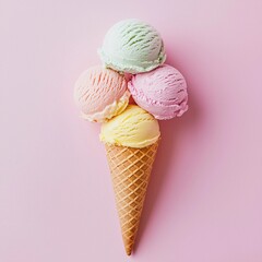 Colorful ice cream cones display a delightful assortment of flavors on a pastel pink background