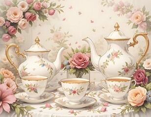 Elegant Porcelain Tea Set Amidst Blooming Roses: A Romantic Still Life