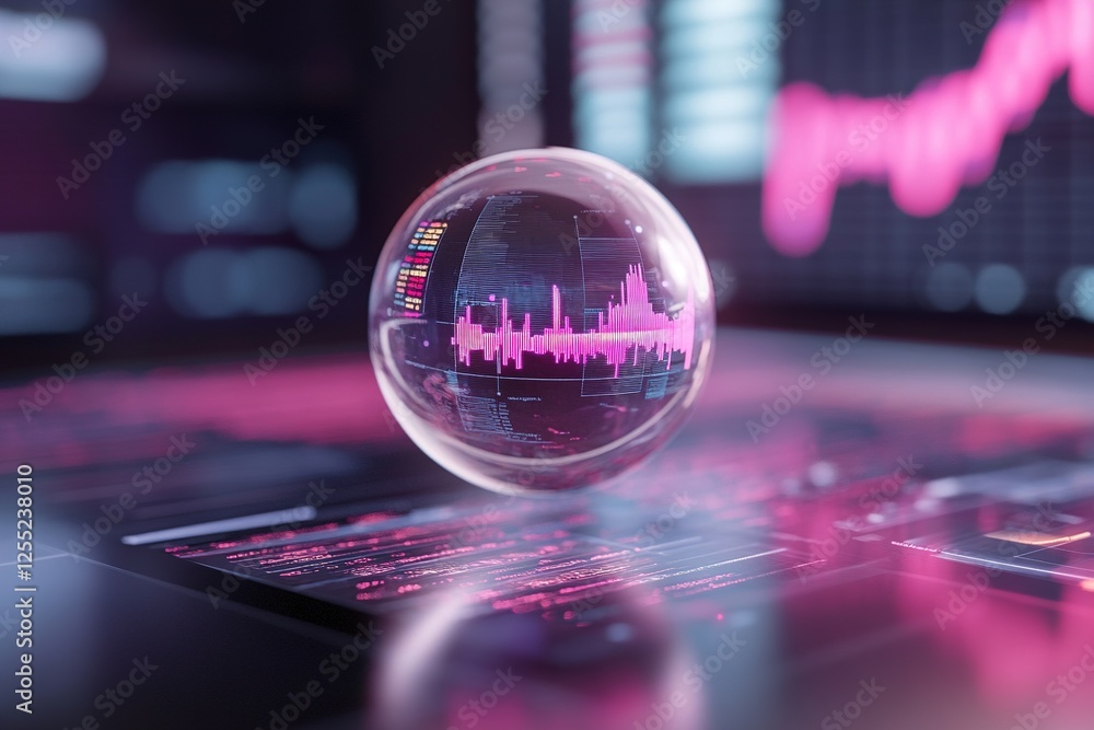 Poster a holographic sphere floats above a digital surface, displaying real-time global currency exchange r