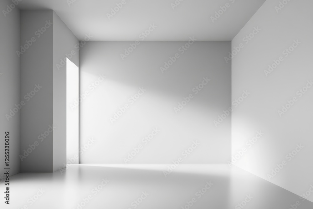 Poster minimalist interior space with soft light streaming through an open door, creating a serene atmosphe