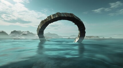 Fototapeta premium A ruined celestial ring cracked in half, resting partially submerged in an ocean.