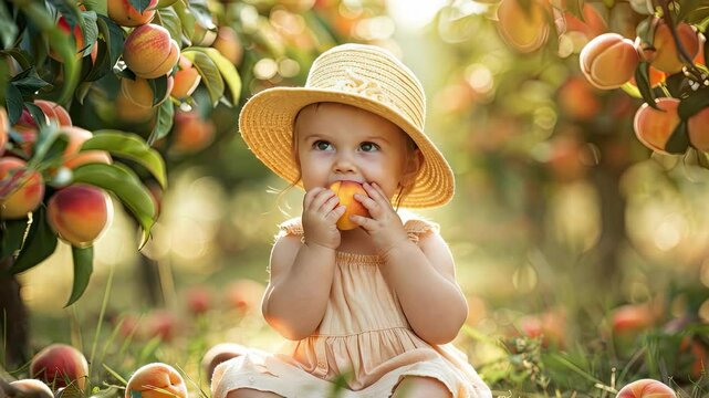 A child eats peaches in the garden.