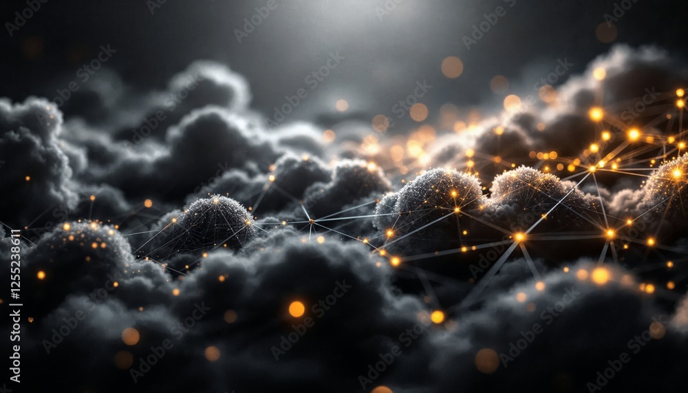 Poster interconnected cloudscape a digital network ascending through ethereal clouds