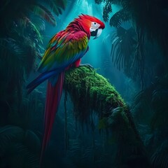 Fototapeta premium A scarlet macaw perched on a moss-covered branch, its colorful feathers glowing against the green jungle.