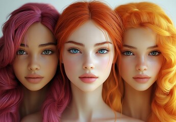 Obraz premium Three Women with Vibrant Braided Hairstyles in Pink Orange and Blonde Shades