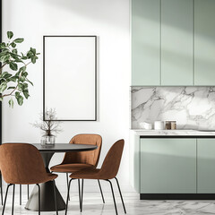 Modern kitchen with white walls, light green cabinets, and a marble countertop. There is an empty poster frame on the wall. A black round table stands in front of it, with three brown chairs 