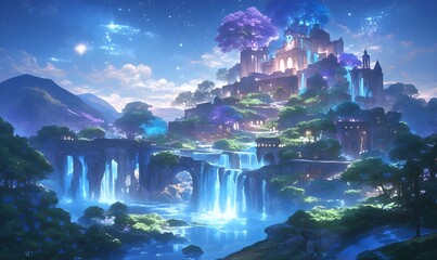 Obraz premium Glowing fantasy palace with marble columns and fountain, anime style