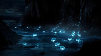 Obraz premium A school of glowing jellyfish drifting silently in pitch-black waters.