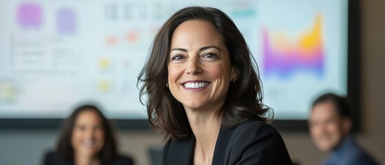 Business meeting in modern office with diverse professionals analyzing financial data on digital screen, discussing strategies for achieving revenue goals.