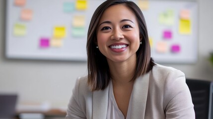 Fototapeta premium Business professional in modern office setting with smile, engaging conversation and productive atmosphere. Team collaboration, innovation, and leadership concepts.
