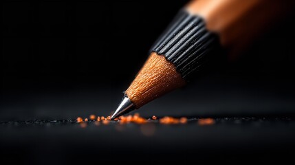 Close-up of a sharpened pencil poised above a pile of shavings on a dark surface  showcasing intricate details