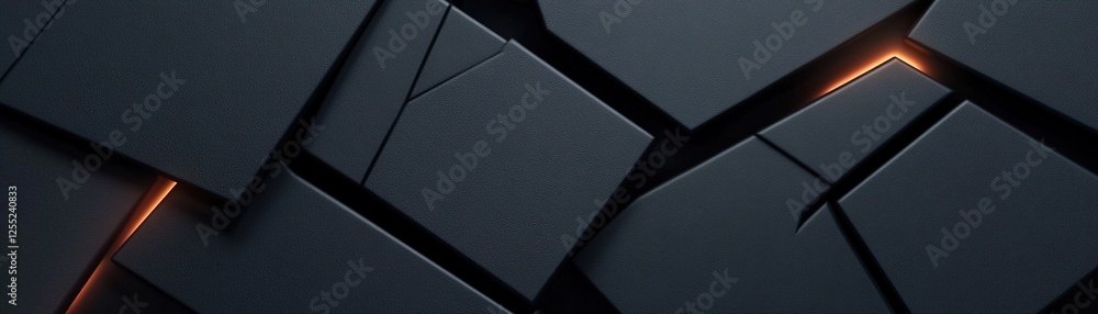 Poster featuring geometric stitched patterns, a sleek black leather background is softly illuminated by a g