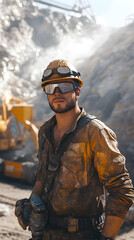 Fototapeta premium Determined Quarry Worker Using Heavy-Duty Machinery Against a Massive Rocky Backdrop at Sunset