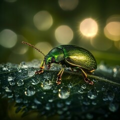 Fototapeta premium A shimmering green beetle resting on a dew-covered leaf.