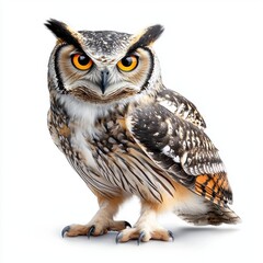 Obraz premium Majestic Owl with Striking Eyes Displaying Natural Beauty and Intricate Feather Patterns Against White Background