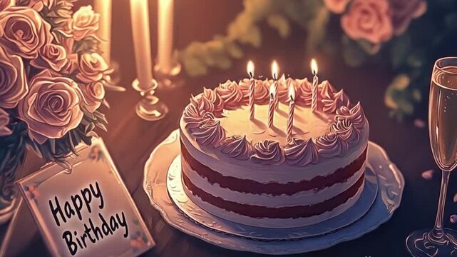 
An japanease ink dipping art illustration of a beautiful celebrating birthday, cake and a champagne glass on it, next to a bouquet of flowers, candles, and a sign that says "Happy Birthday". , It is 