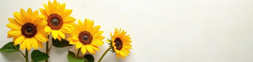 Obraz premium Vibrant yellow sunflowers, rustic white backdrop , flowers, yellow