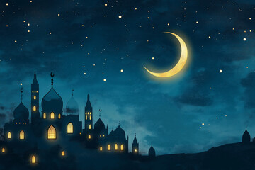 Glowing crescent moon and mosque silhouette on Ramadan night