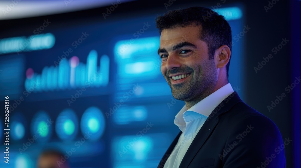 Poster business professional smiling in front of digital analytics screen, showcasing data visualization an