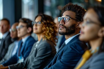 Obraz premium Business Professionals Engaged in a Conference Hall Attending an Insightful Presentation With Keen Focus on the Speaker's Message