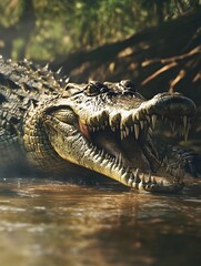 Obraz premium A slow-motion shot of a crocodile’s powerful jaws snapping shut just above the water.