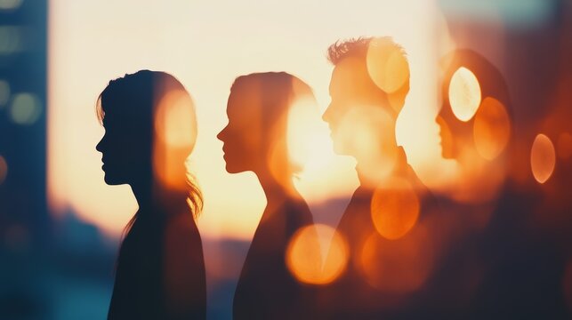 Silhouettes of diverse individuals against a vibrant sunset, symbolizing teamwork and collaboration in personal growth, connection, and shared experiences.