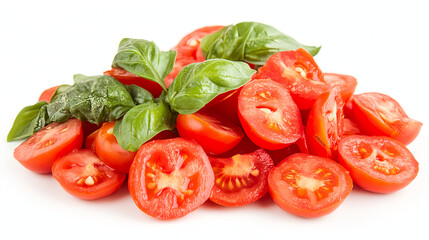 Red tomatoes with basil leaves isolated on white background, png clipart cutout vector illustration, 