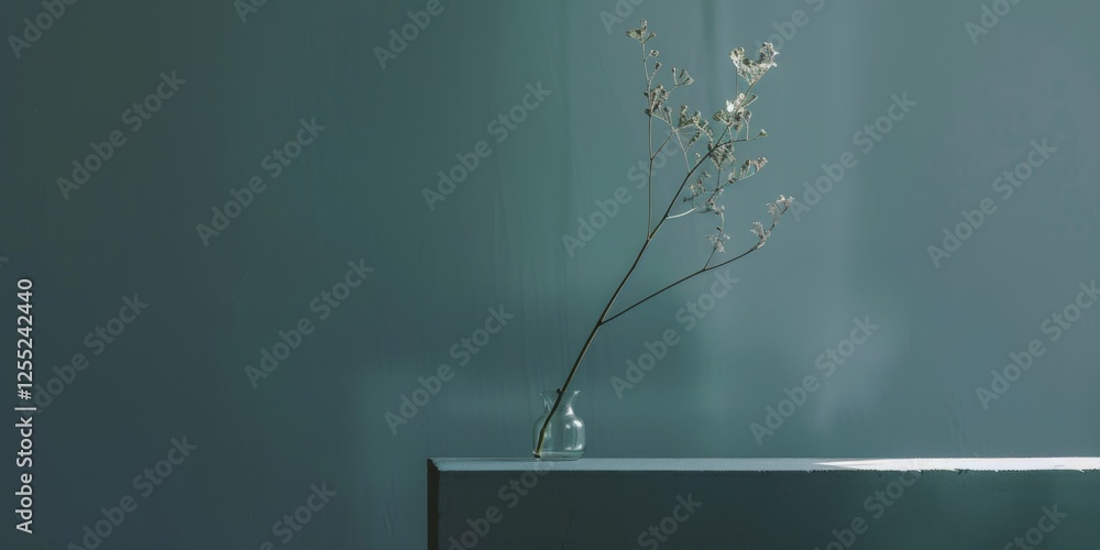 Poster a minimalist design with a muted teal background, simple textures and clean forms, contemporary mini
