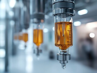 Close-up view of amber liquid in sterile vials on a production line in a lab