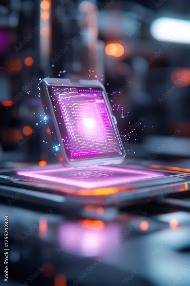 Poster a holographic digital wallet hovers in a sci-fi space, emitting a vibrant glow while displaying real