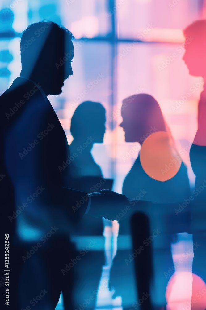 Poster business professionals engaging in discussions with colorful lighting in a modern office setting, em