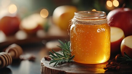 rosh hashanah traditional symbols honey in a glass jar and fresh apples on a white background