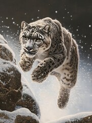 A snow leopard leaping from one rock to another, its thick fur covered in tiny ice crystals.