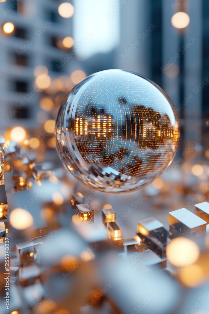 Poster futuristic finance hq features flowing holographic data in gold and platinum around an ai sphere, cr