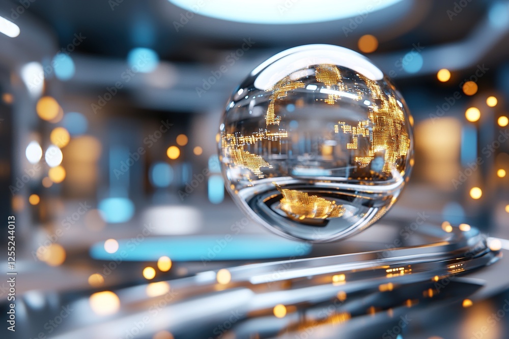 Poster a high-tech financial headquarters displays an ai-generated sphere surrounded by holographic data st