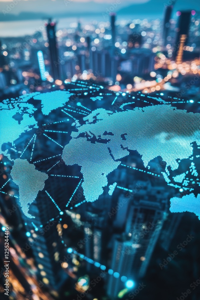 Poster global connectivity and urban landscape with illuminated map projection, showcasing digital networks