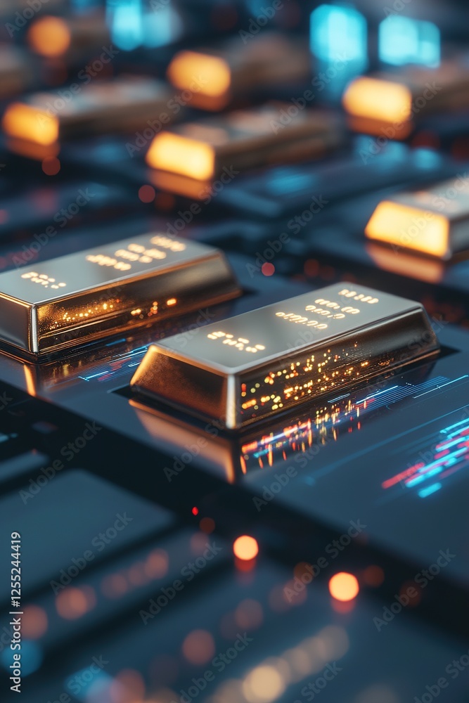 Poster within a softly illuminated digital vault, holographic gold bars radiate a warm glow while ai-genera