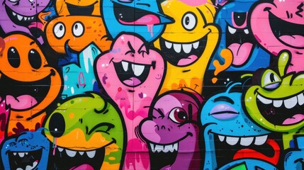 Obraz premium Vibrant Graffiti Wall Featuring Joyful Cartoon Characters