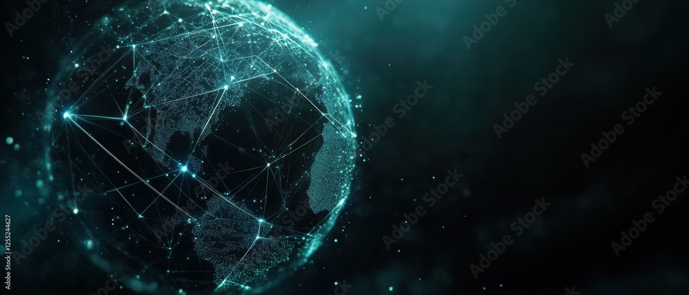 Poster global network technology with interconnected nodes, digital world map, data visualization, virtual 