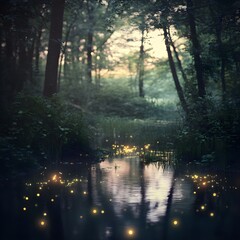 A soft-lit forest scene with fireflies glowing around a still, reflective pond.