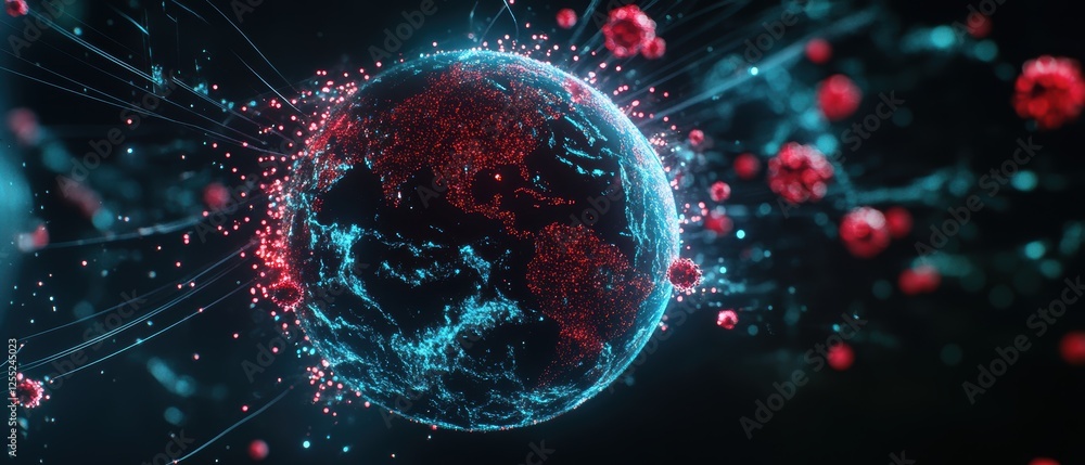 Poster global pandemic representation with digital world map, virus particles, and interconnected networks 