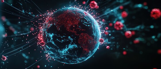 Global pandemic representation with digital world map, virus particles, and interconnected networks illustrating health challenges and data visualization trends.