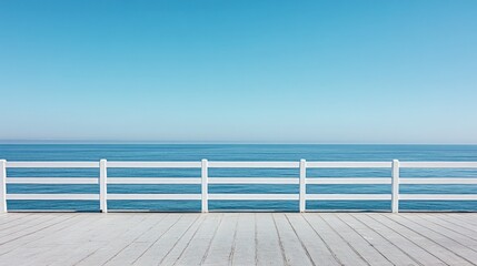 White fence on pier overlooking calm sea under clear blue sky for travel ad use