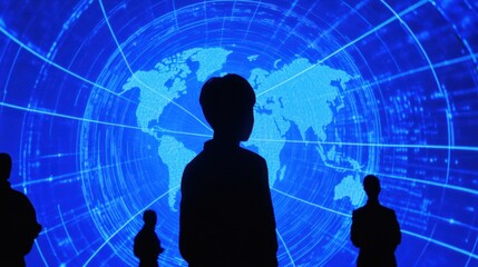 Global technology trends, silhouettes of business professionals analyzing digital data visualization and world map for strategic planning and innovation strategy.