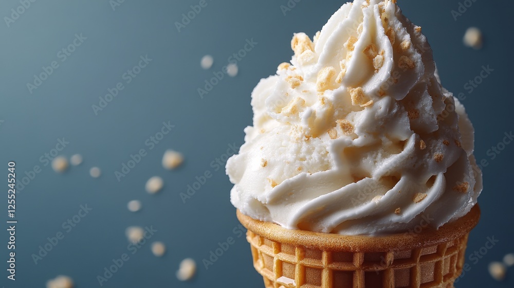 Poster scoop of vanilla ice cream in waffle cone isolated on transparent background