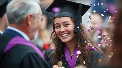 Graduation ceremony featuring a smiling student in cap and gown receiving congratulations amidst confetti, symbolizing achievement and celebration of education.