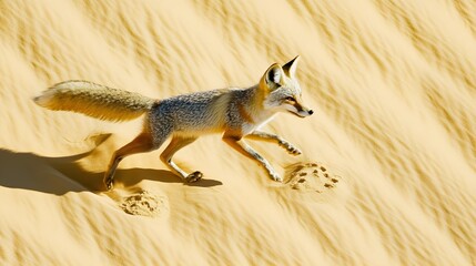 Obraz premium A solitary desert fox sprinting across the dunes, leaving delicate paw prints behind.